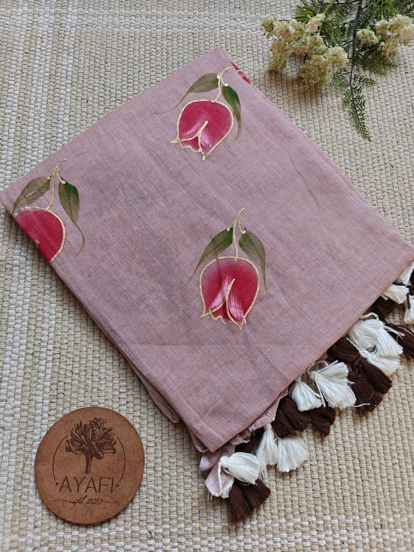 Deep Cinnamon Tulip Hand-Painted Saree