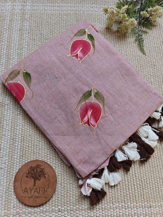 Deep Cinnamon Tulip Hand-Painted Saree