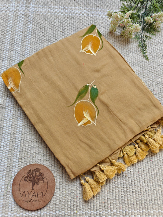 Biscuit Yellow Tulip Hand-Painted Saree
