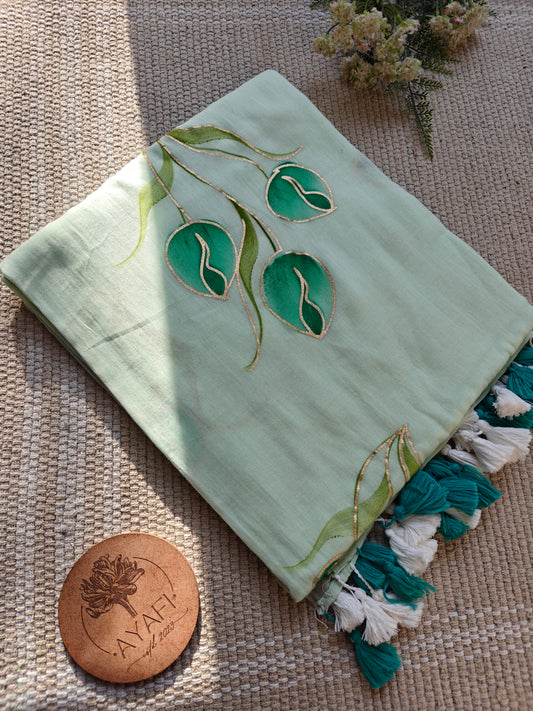 Mint Tulip Bouquet Hand-Painted Saree