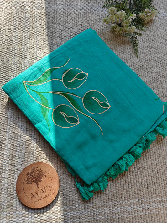 Aqua Tulip Bouquet Hand-Painted Saree