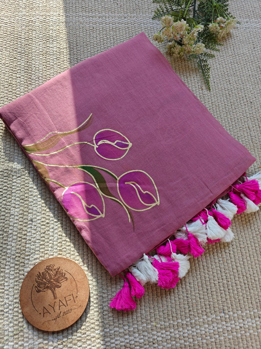 Mauve Tulip Bouquet Hand-Painted Saree