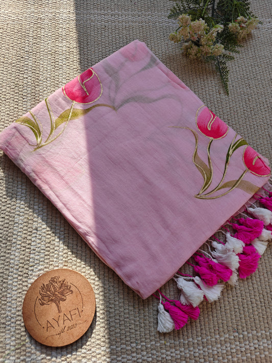 Pink Champagne Tulip Bouquet Hand-Painted Saree