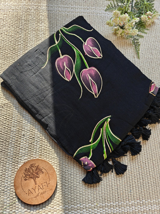 Midnight Tulip Bouquet Hand-Painted Saree
