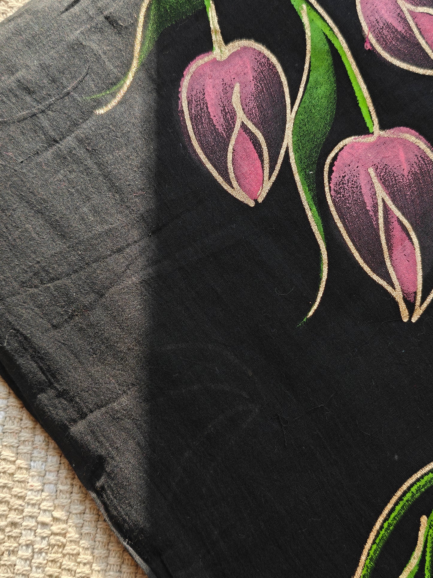 Midnight Tulip Bouquet Hand-Painted Saree