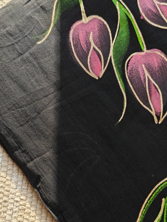 Midnight Tulip Bouquet Hand-Painted Saree