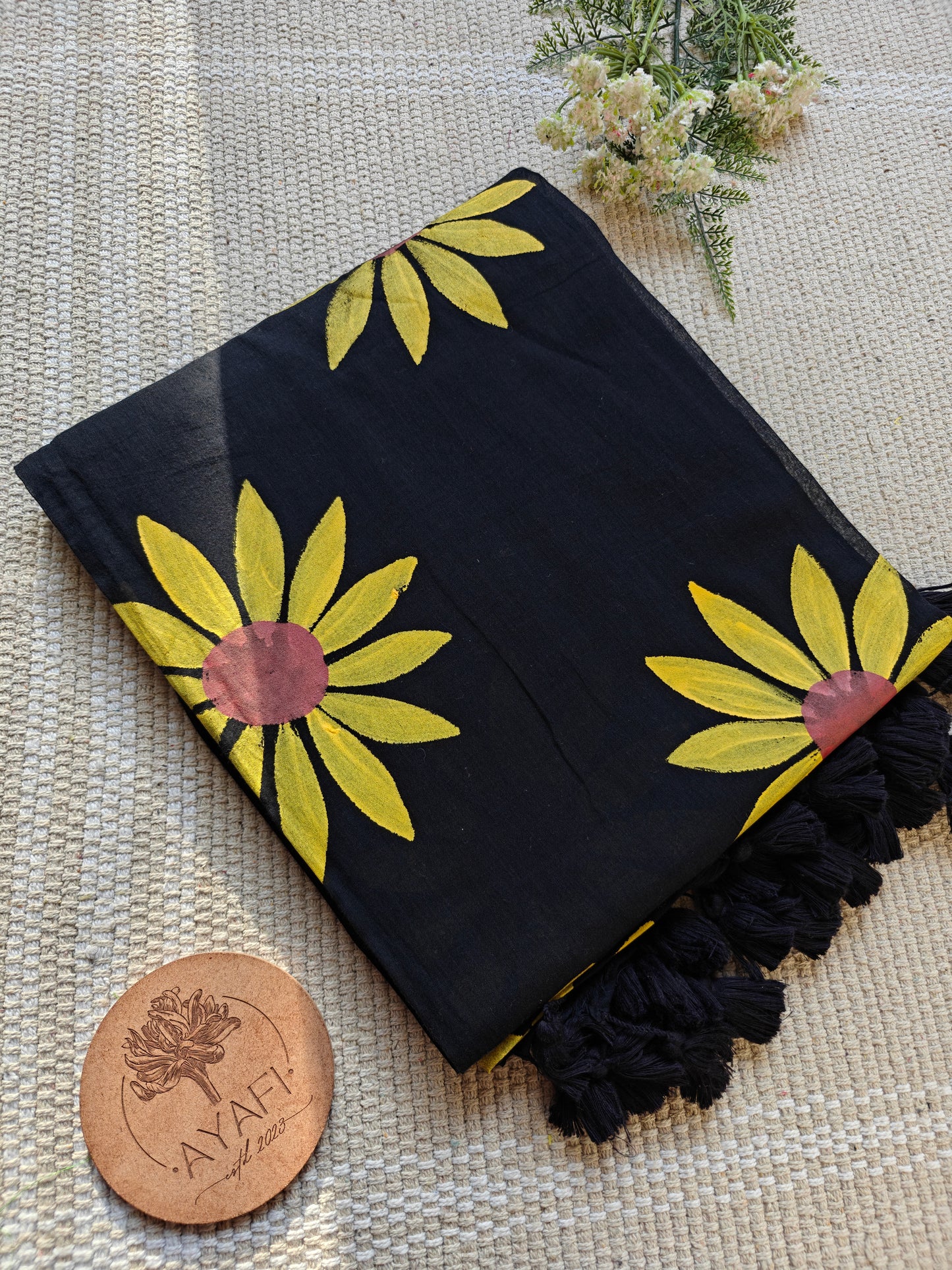 Midnight Sunflower Hand-Painted Saree