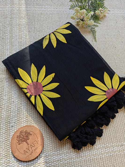 Midnight Sunflower Hand-Painted Saree