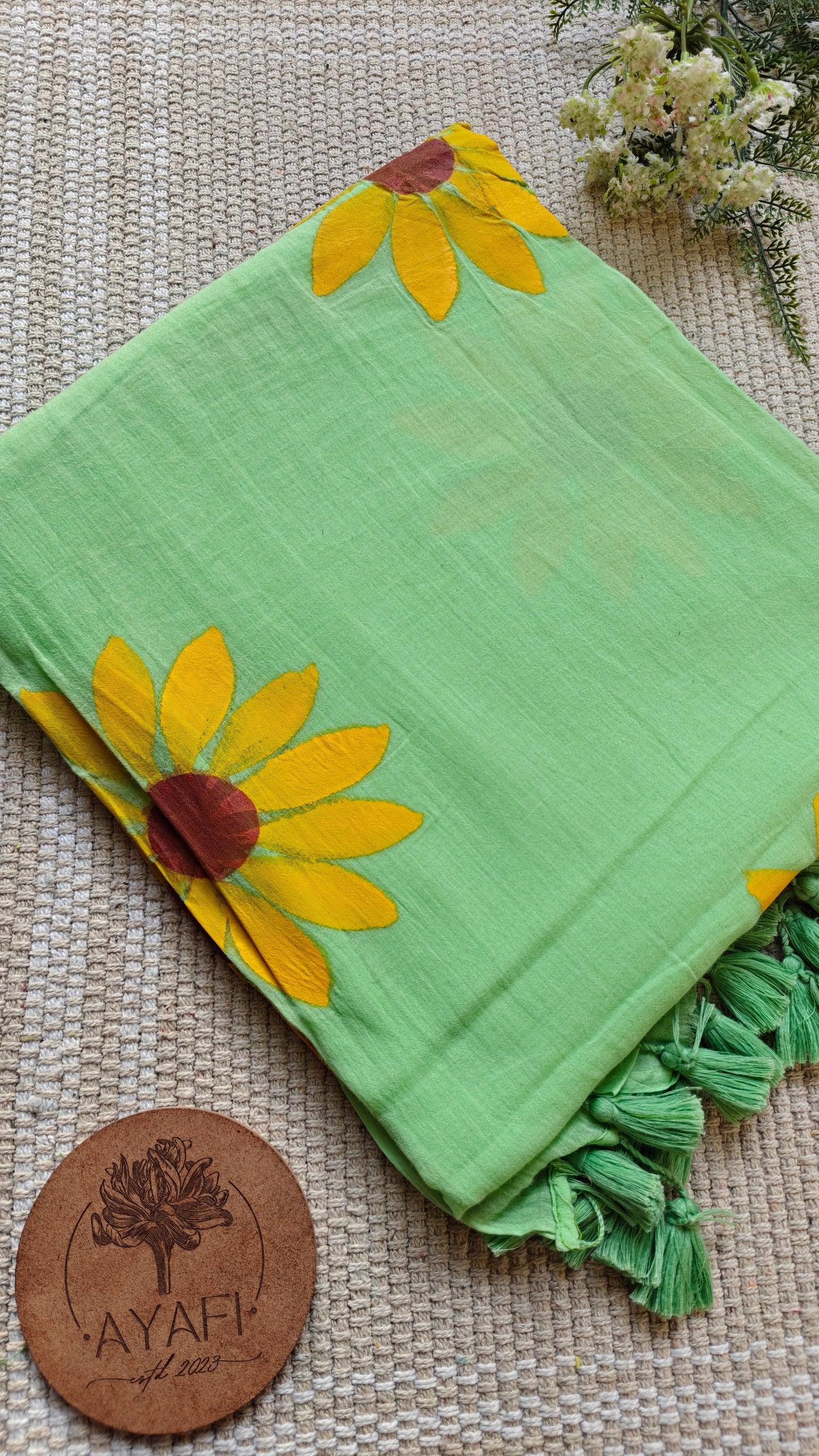 Pistachio Sunflower Hand-Painted Saree