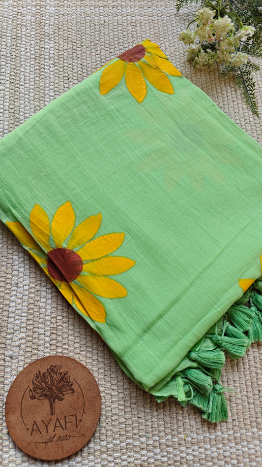 Pistachio Sunflower Hand-Painted Saree