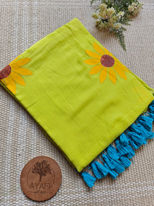 Chartreuse Sunflower Hand-Painted Saree