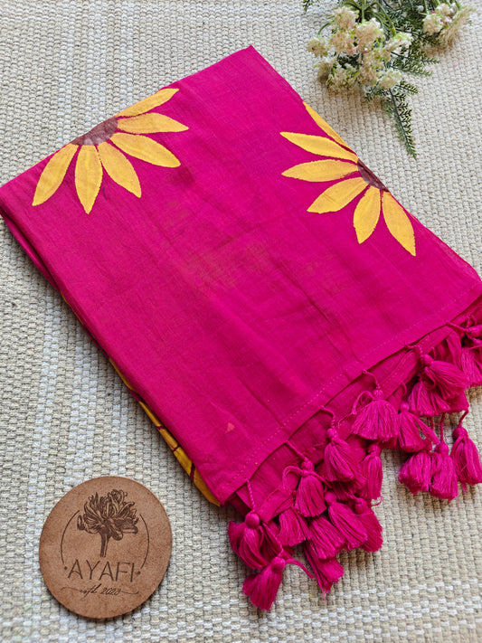 Cerise Sunflower Hand-Painted Saree