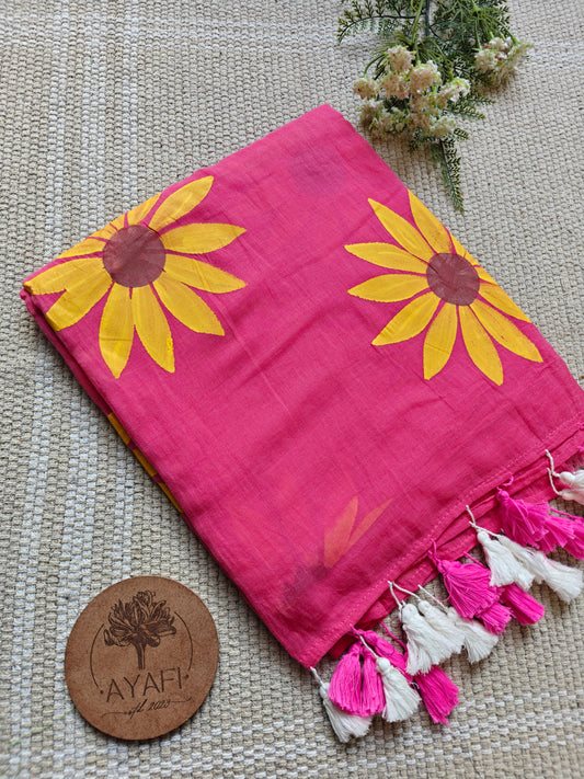 Powder Pink Sunflower Hand-Painted Saree