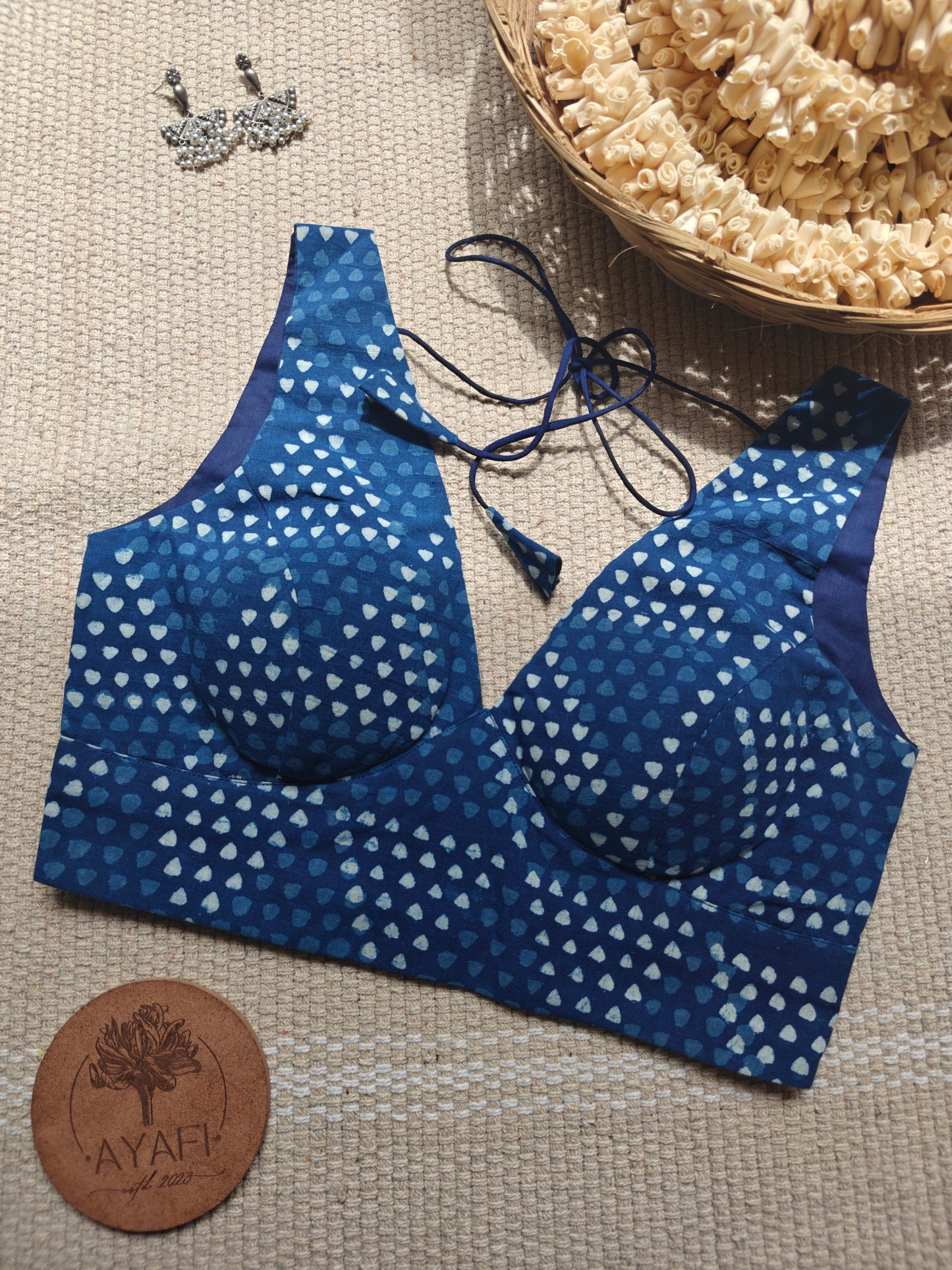 Indigo Dabu Cotton V-Neck Belted Sleeveless Blouse
