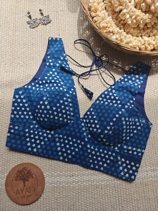 Indigo Dabu Cotton V-Neck Belted Sleeveless Blouse