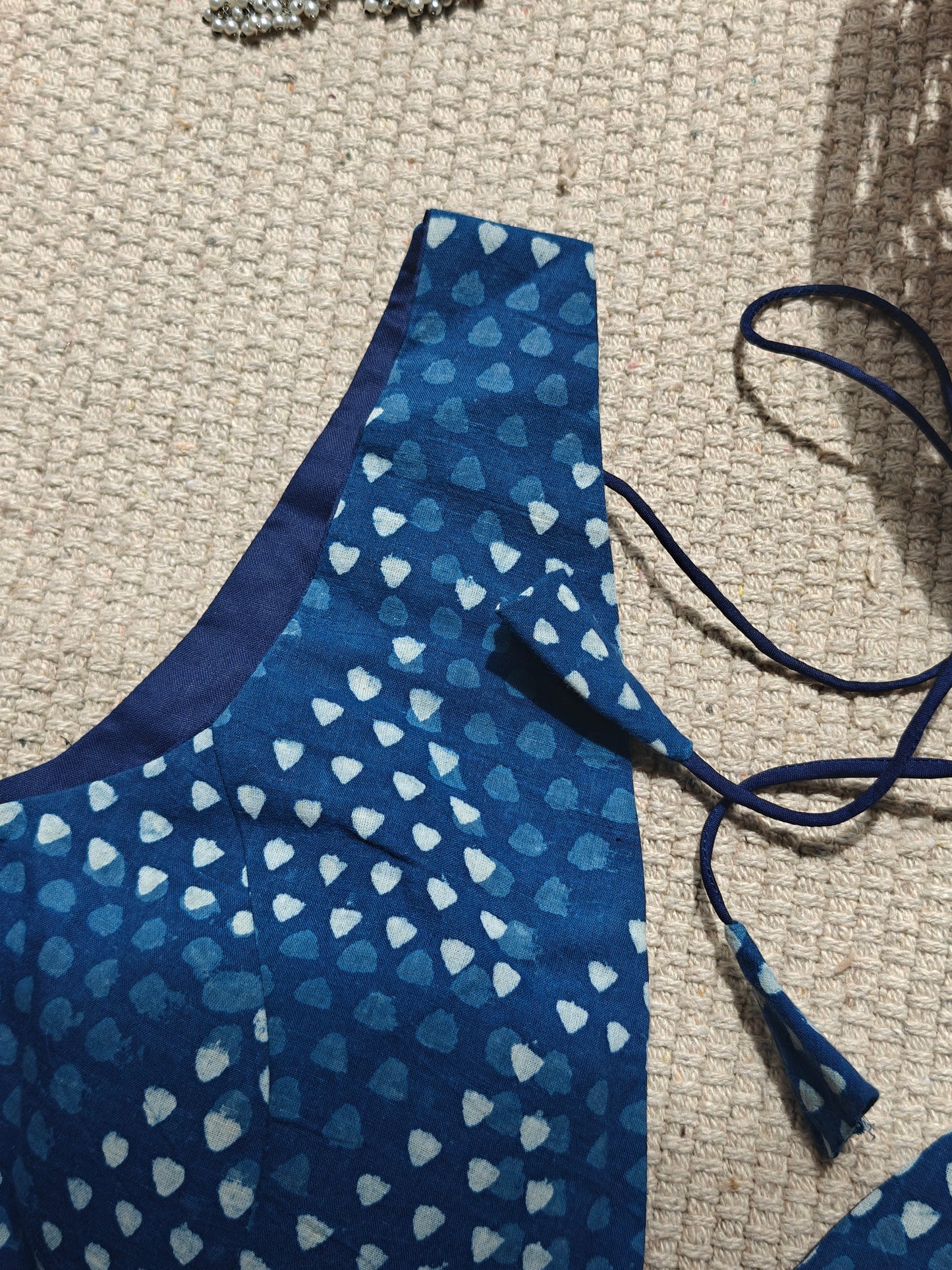 Indigo Dabu Cotton V-Neck Belted Sleeveless Blouse