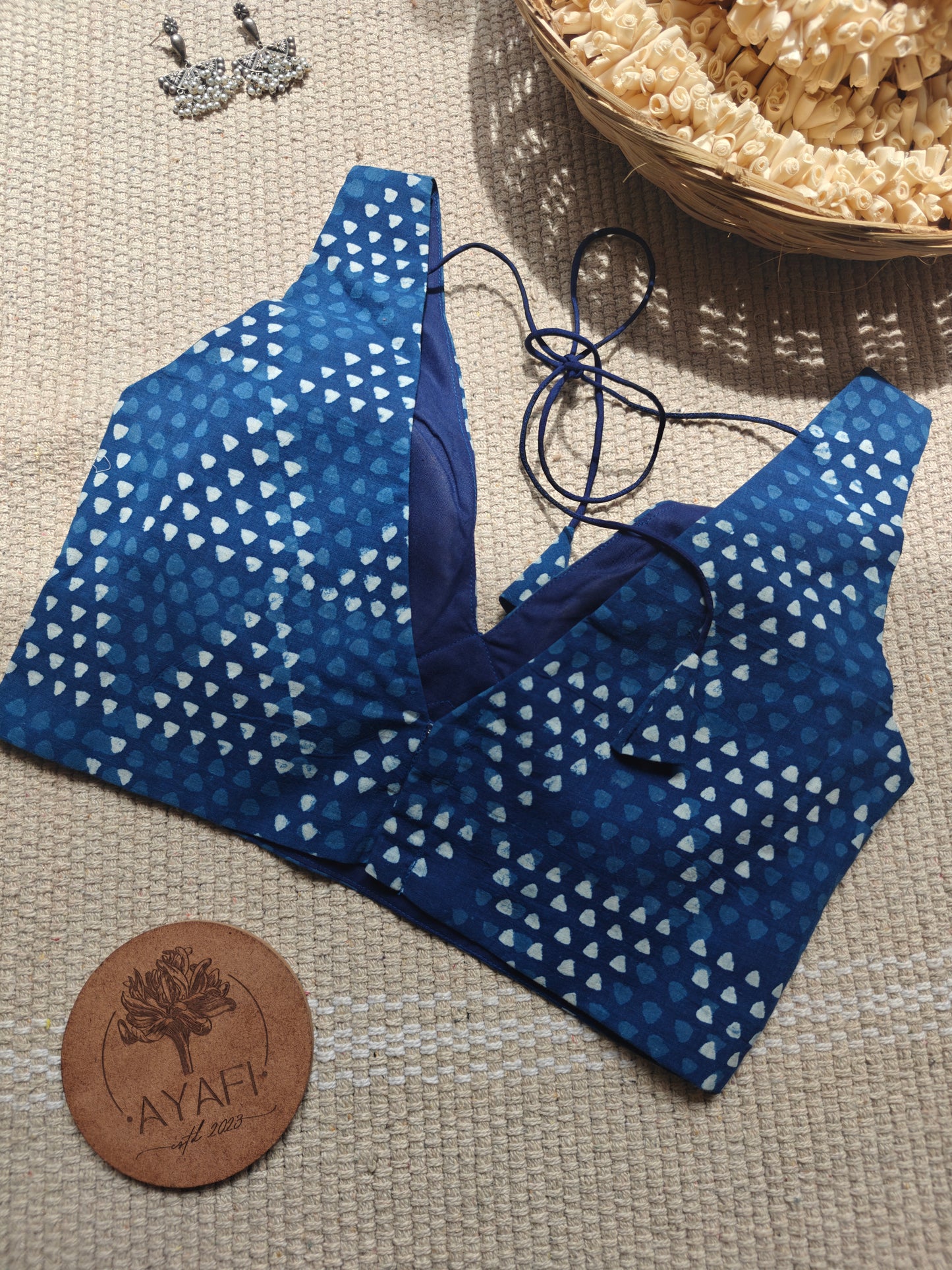 Indigo Dabu Cotton V-Neck Belted Sleeveless Blouse