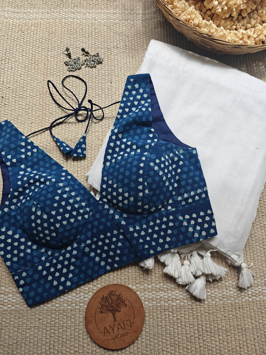 Indigo Dabu Cotton V-Neck Belted Sleeveless Blouse