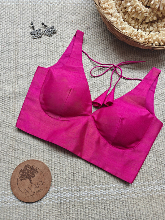 Pink Raw Silk Leaf Neck Belted Sleeveless Blouse