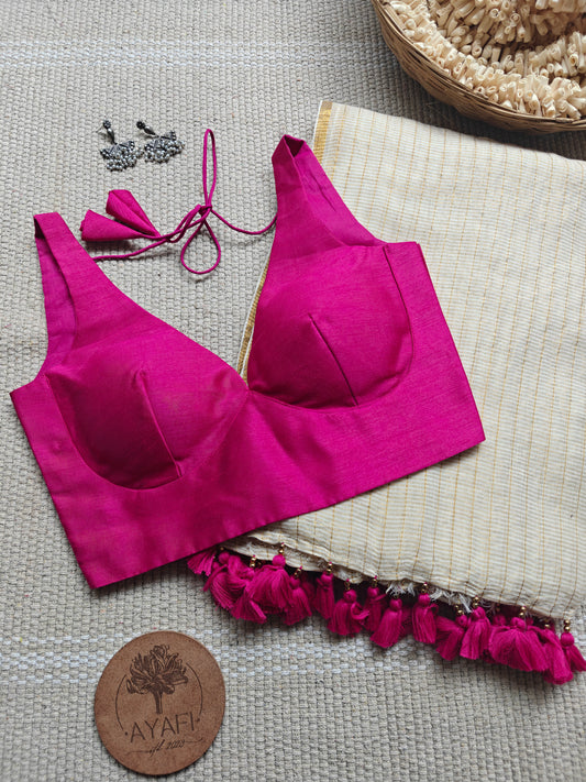 Pink Raw Silk Leaf Neck Belted Sleeveless Blouse
