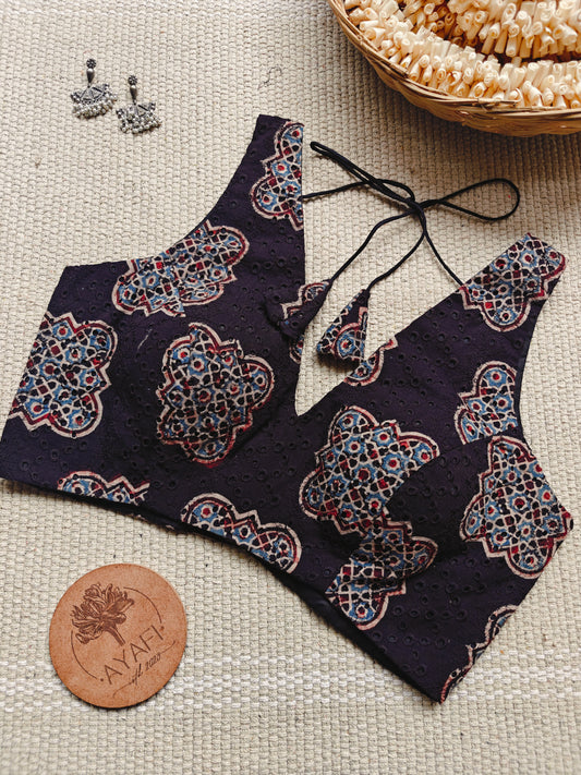 Black Ajrakh Hakoba Cotton V-Neck Sleeveless Blouse