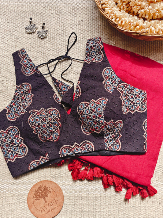 Black Ajrakh Hakoba Cotton V-Neck Sleeveless Blouse