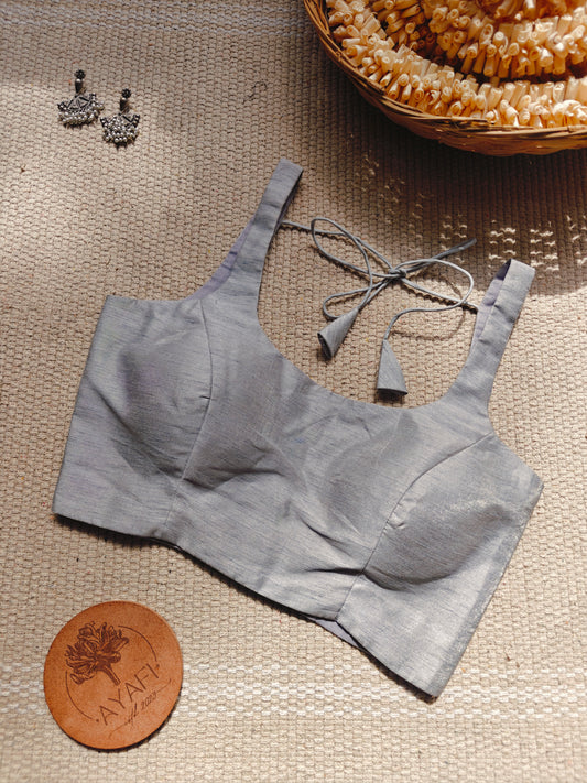 Grey Raw Silk U-Neck Sleeveless Blouse