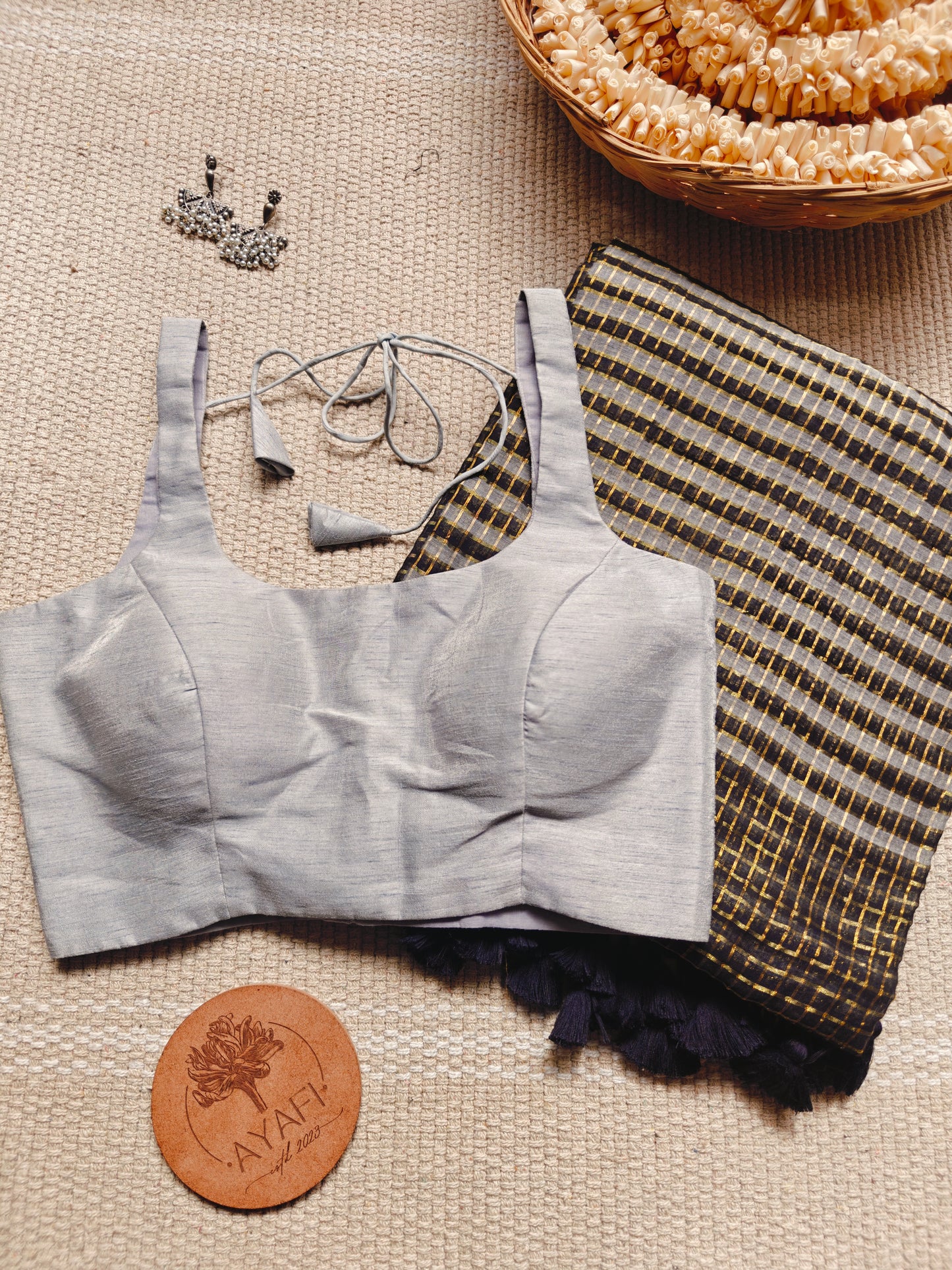 Grey Raw Silk U-Neck Sleeveless Blouse