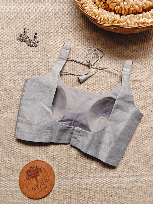 Grey Raw Silk U-Neck Sleeveless Blouse