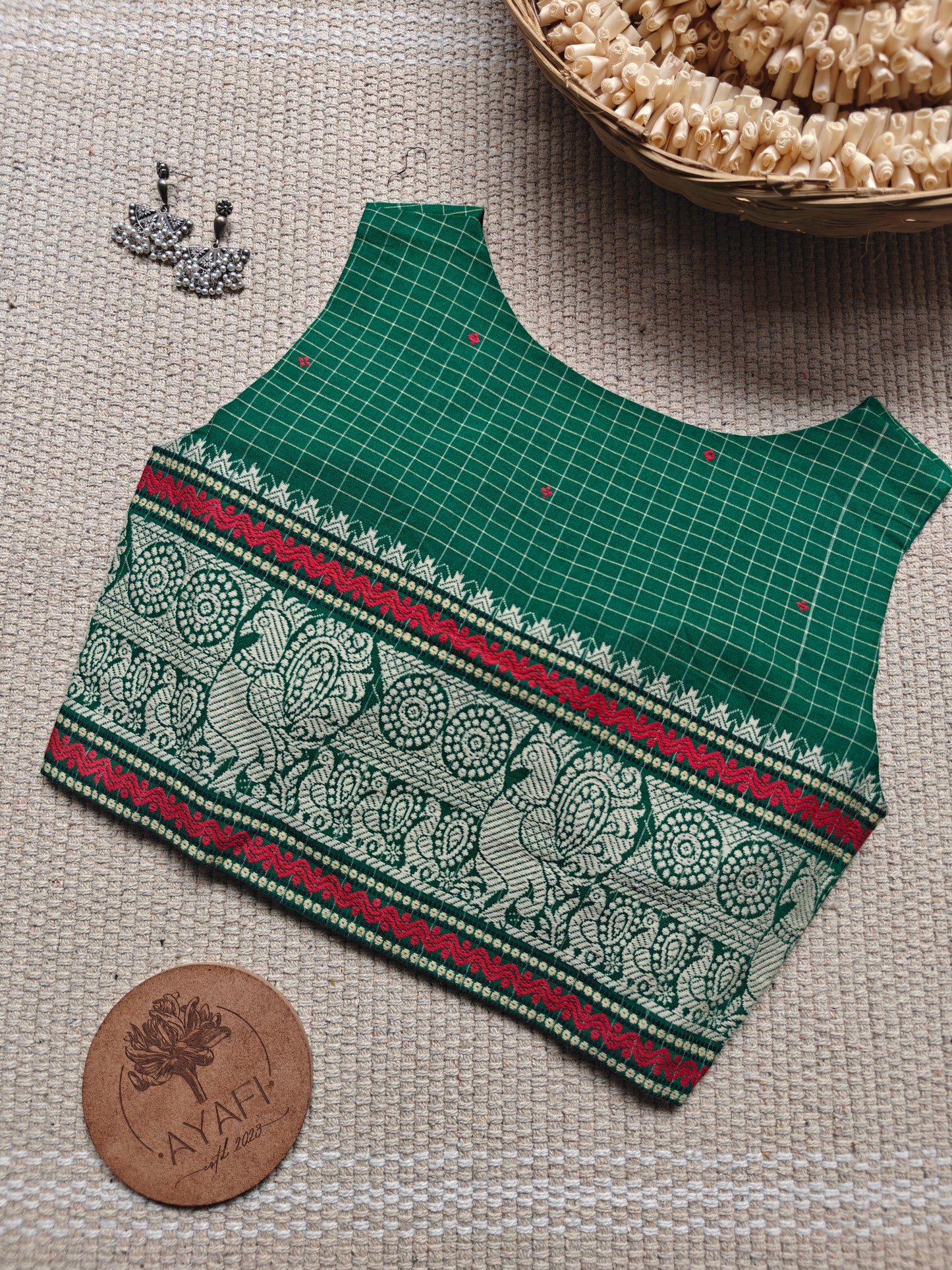 Green Jacquard Border Cotton V-Neck Sleeveless Blouse
