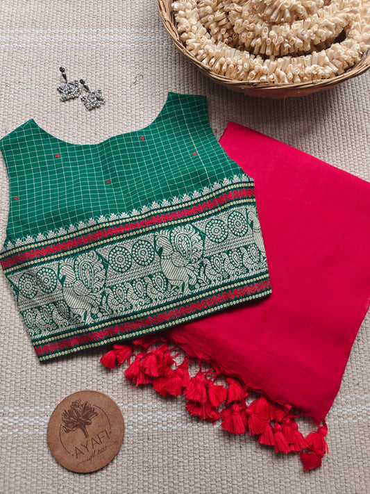 Green Jacquard Border Cotton V-Neck Sleeveless Blouse