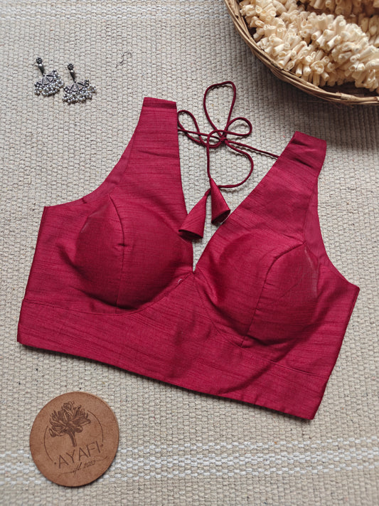 Maroon Raw Silk V-Neck Belted Sleeveless Blouse
