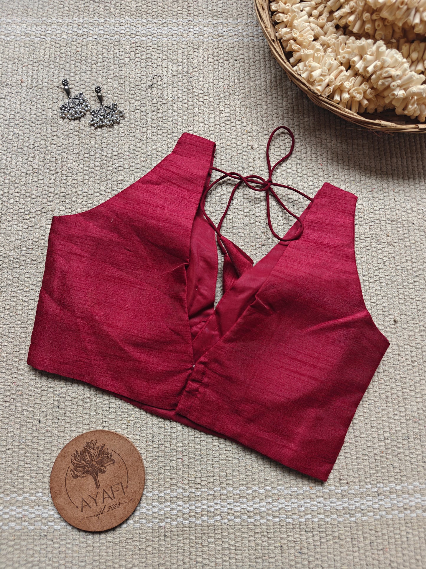 Maroon Raw Silk V-Neck Belted Sleeveless Blouse