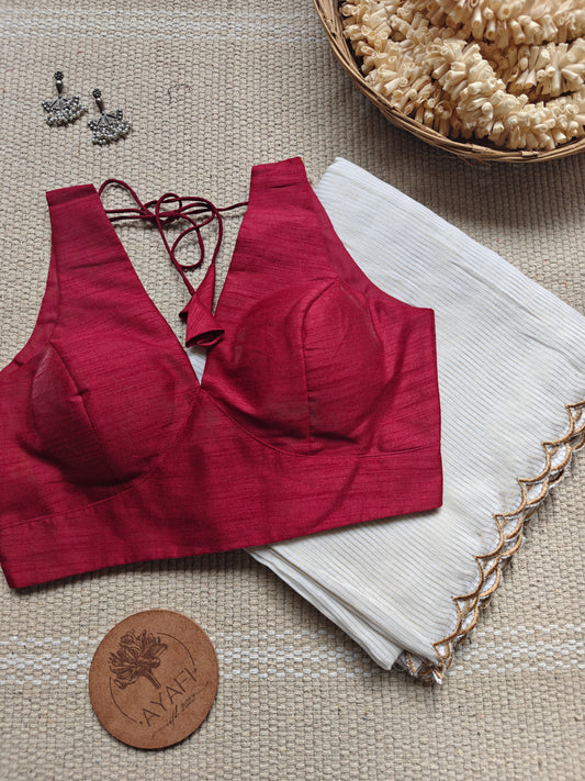 Maroon Raw Silk V-Neck Belted Sleeveless Blouse