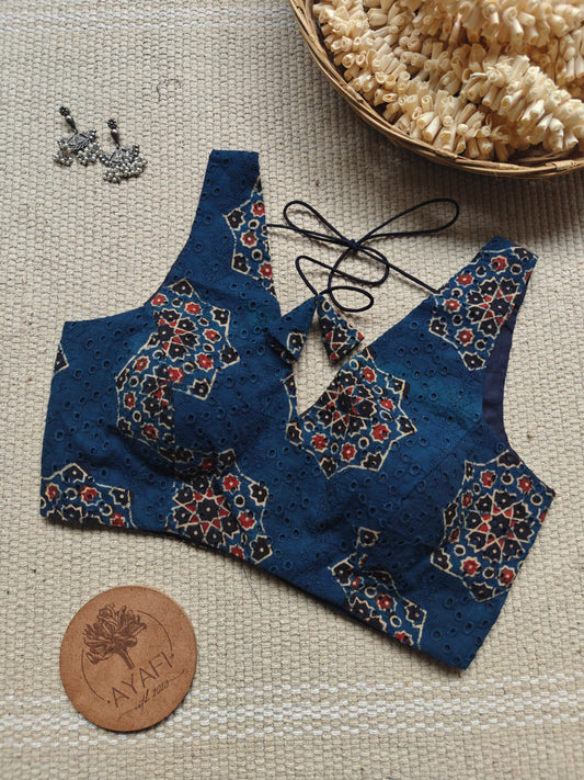 Indigo Ajrakh Hakoba Cotton V-Neck Sleeveless Blouse