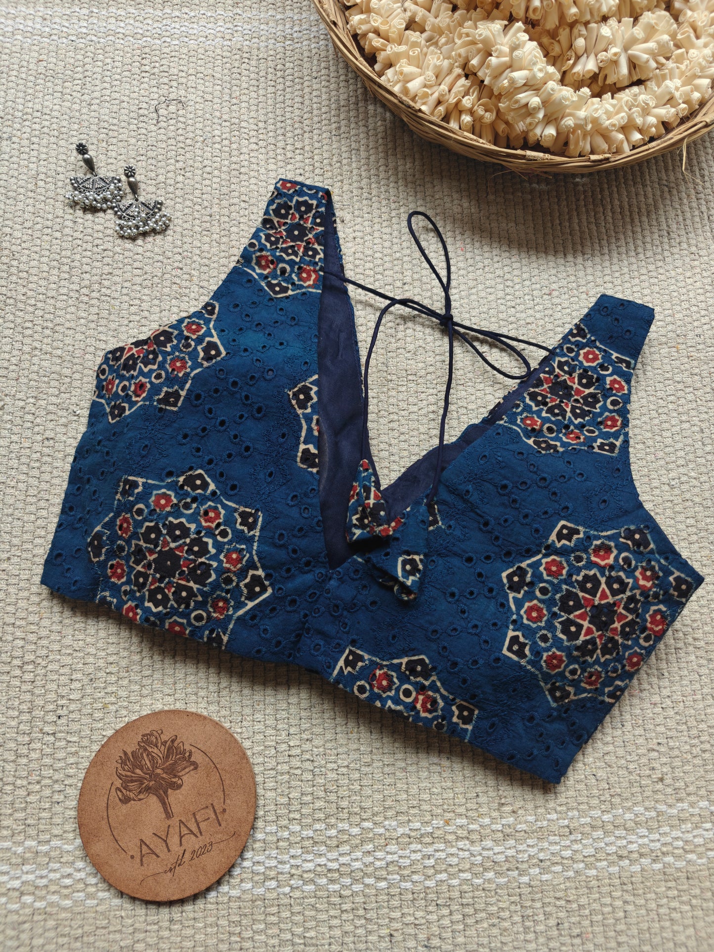 Indigo Ajrakh Hakoba Cotton V-Neck Sleeveless Blouse