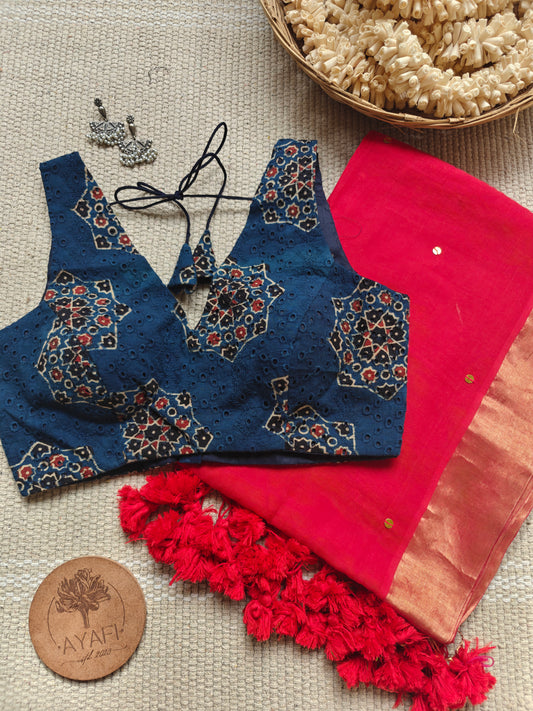 Indigo Ajrakh Hakoba Cotton V-Neck Sleeveless Blouse