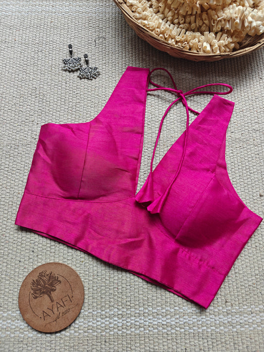 Pink Raw Silk V-Neck Belted Sleeveless Blouse