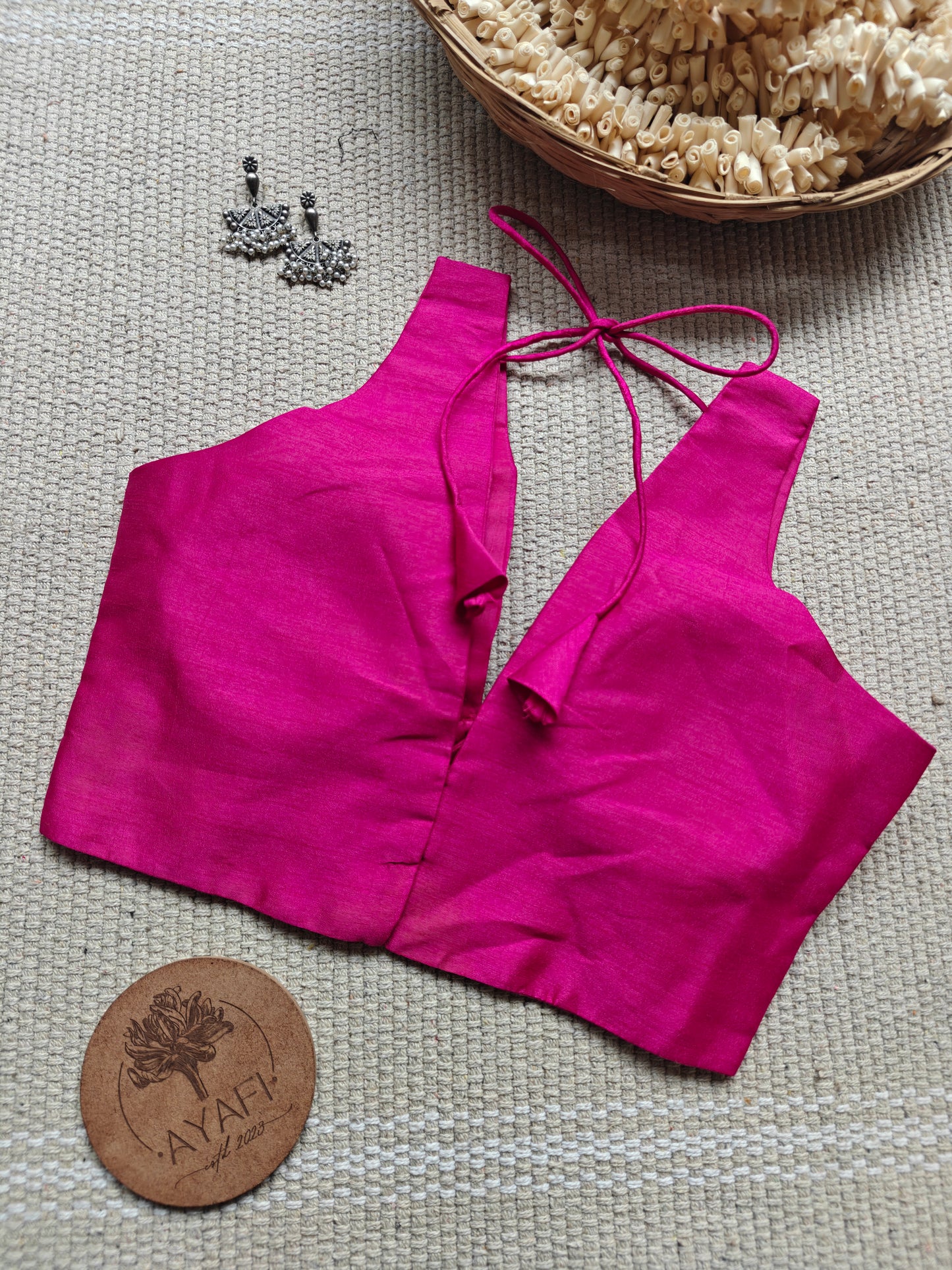 Pink Raw Silk V-Neck Belted Sleeveless Blouse