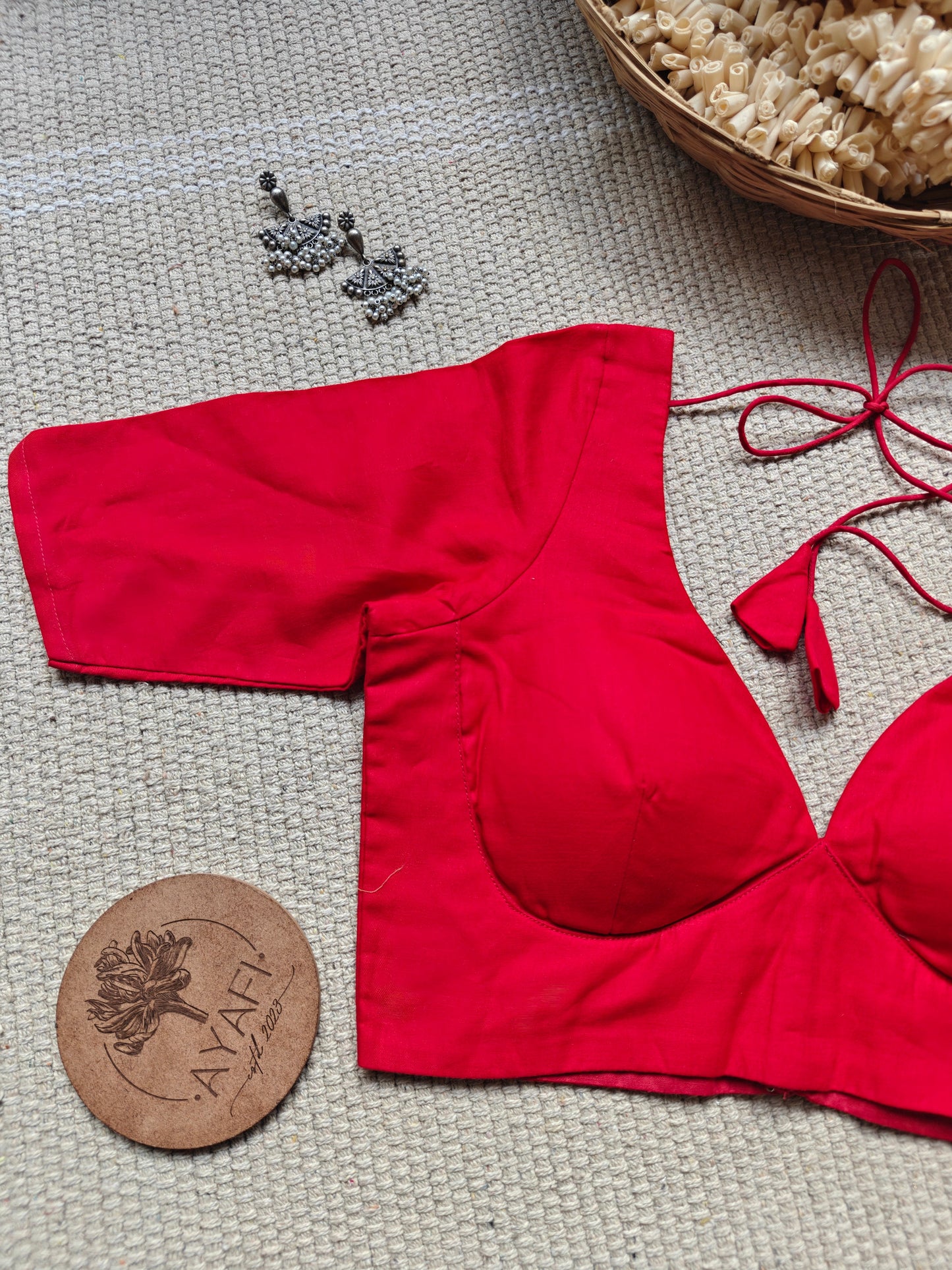 Red Cotton Leaf Neck Belted Elbow Sleeves Blouse