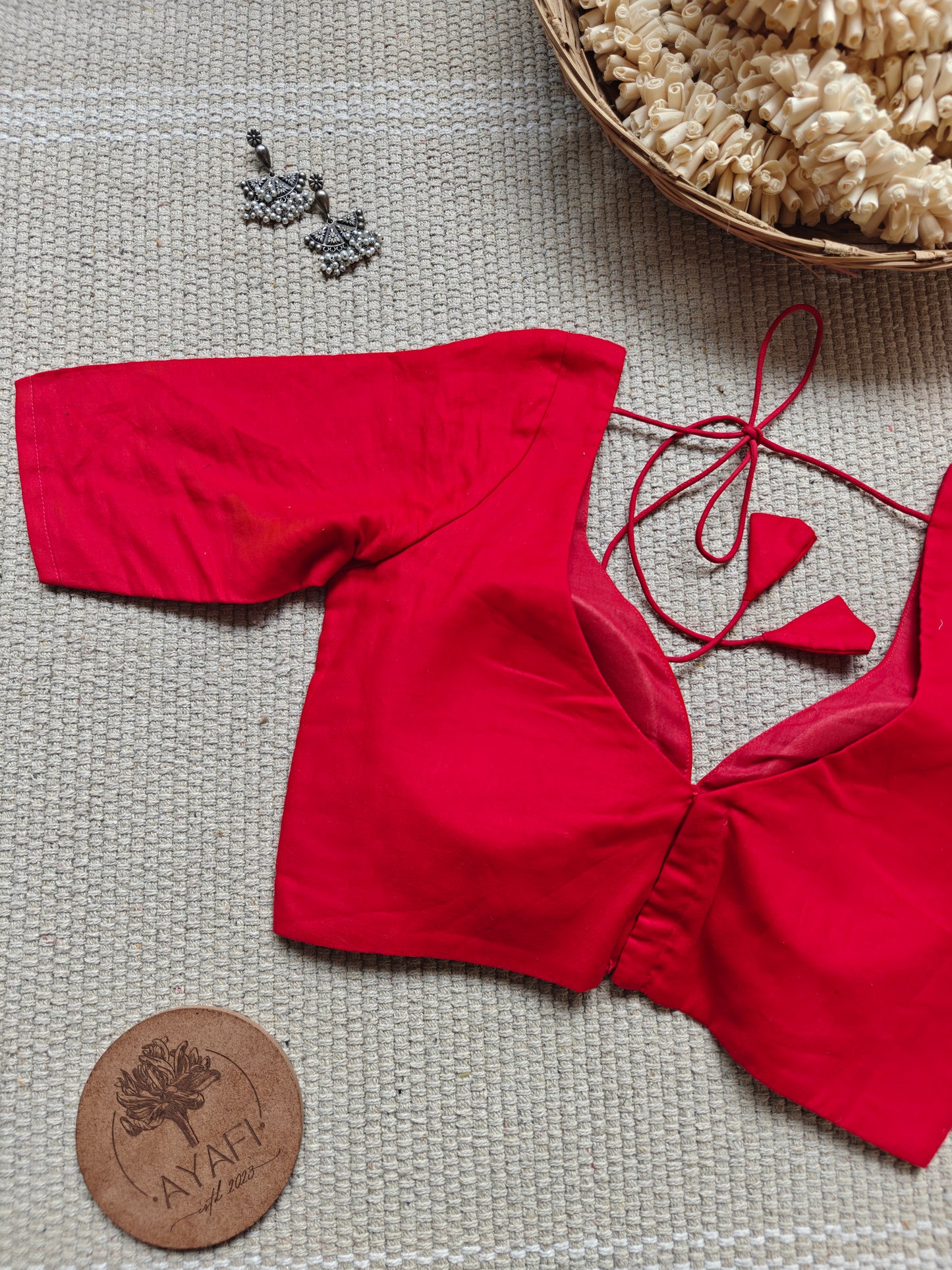 Red Cotton Leaf Neck Belted Elbow Sleeves Blouse
