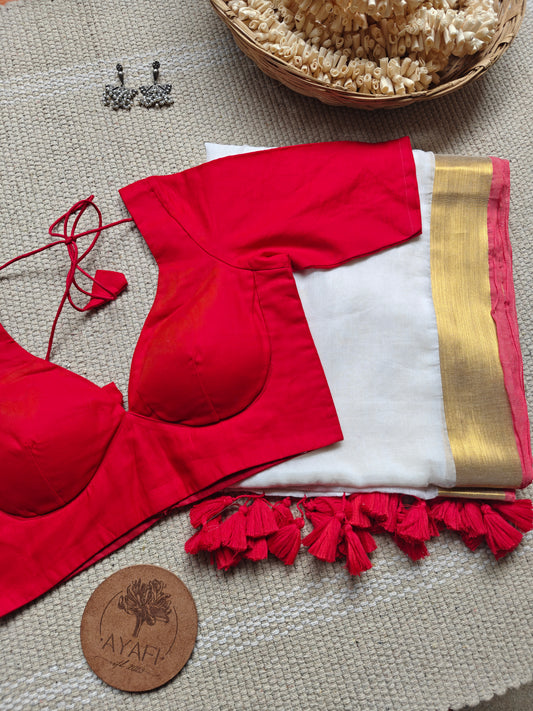 Red Cotton Leaf Neck Belted Elbow Sleeves Blouse