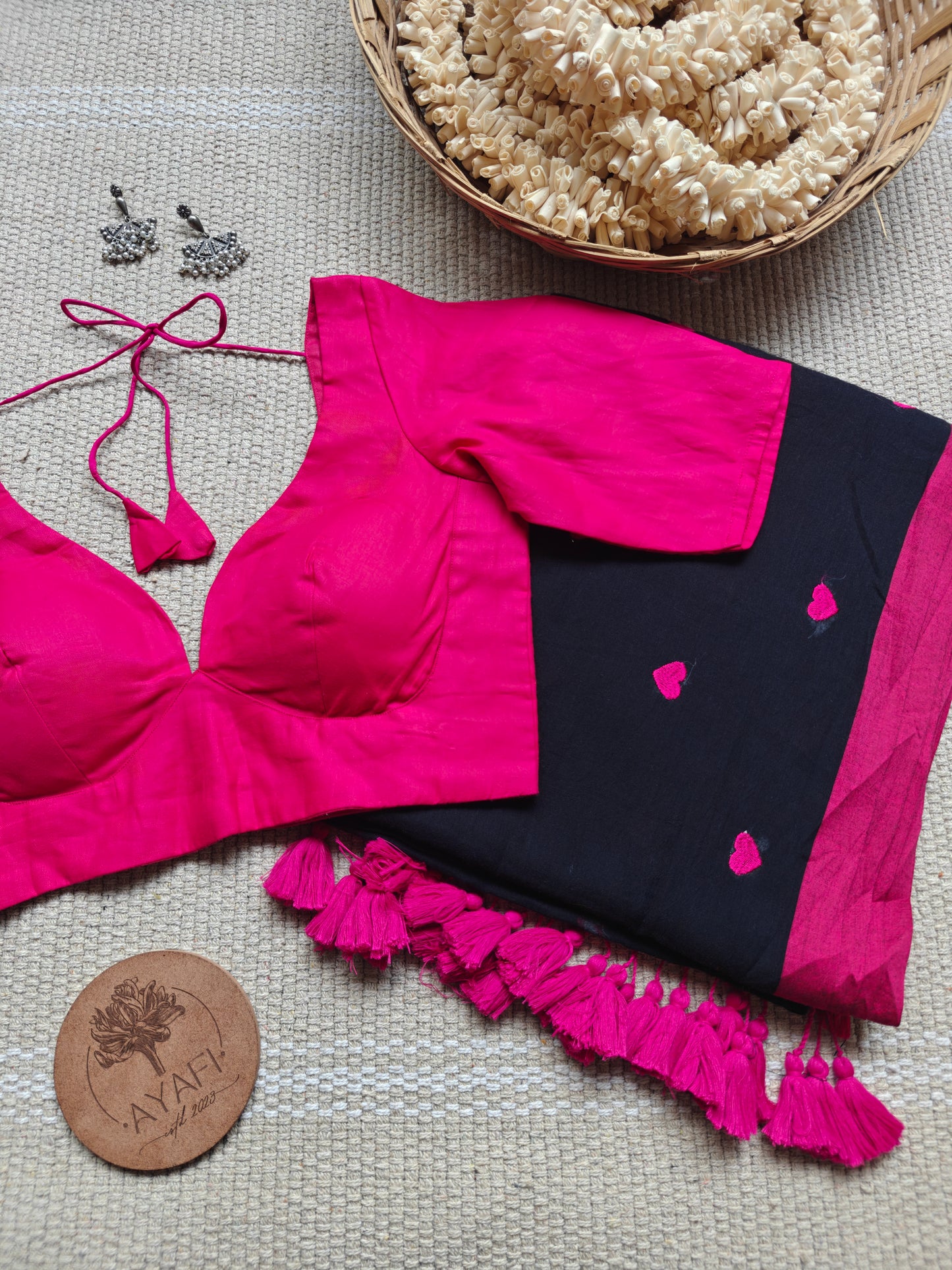 Pink Cotton Leaf Neck Belted Elbow Sleeves Blouse