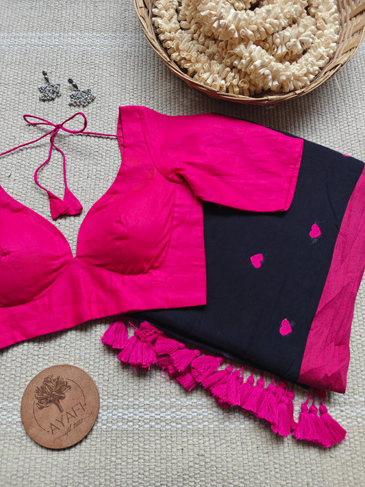 Pink Cotton Leaf Neck Belted Elbow Sleeves Blouse