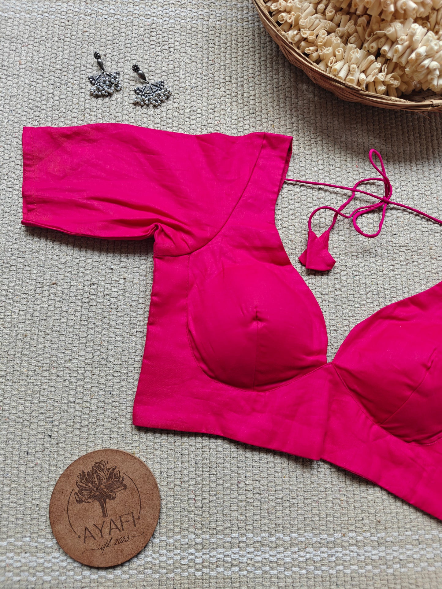 Pink Cotton Leaf Neck Belted Elbow Sleeves Blouse