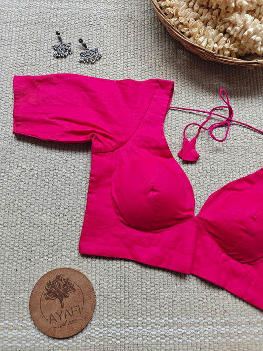 Pink Cotton Leaf Neck Belted Elbow Sleeves Blouse
