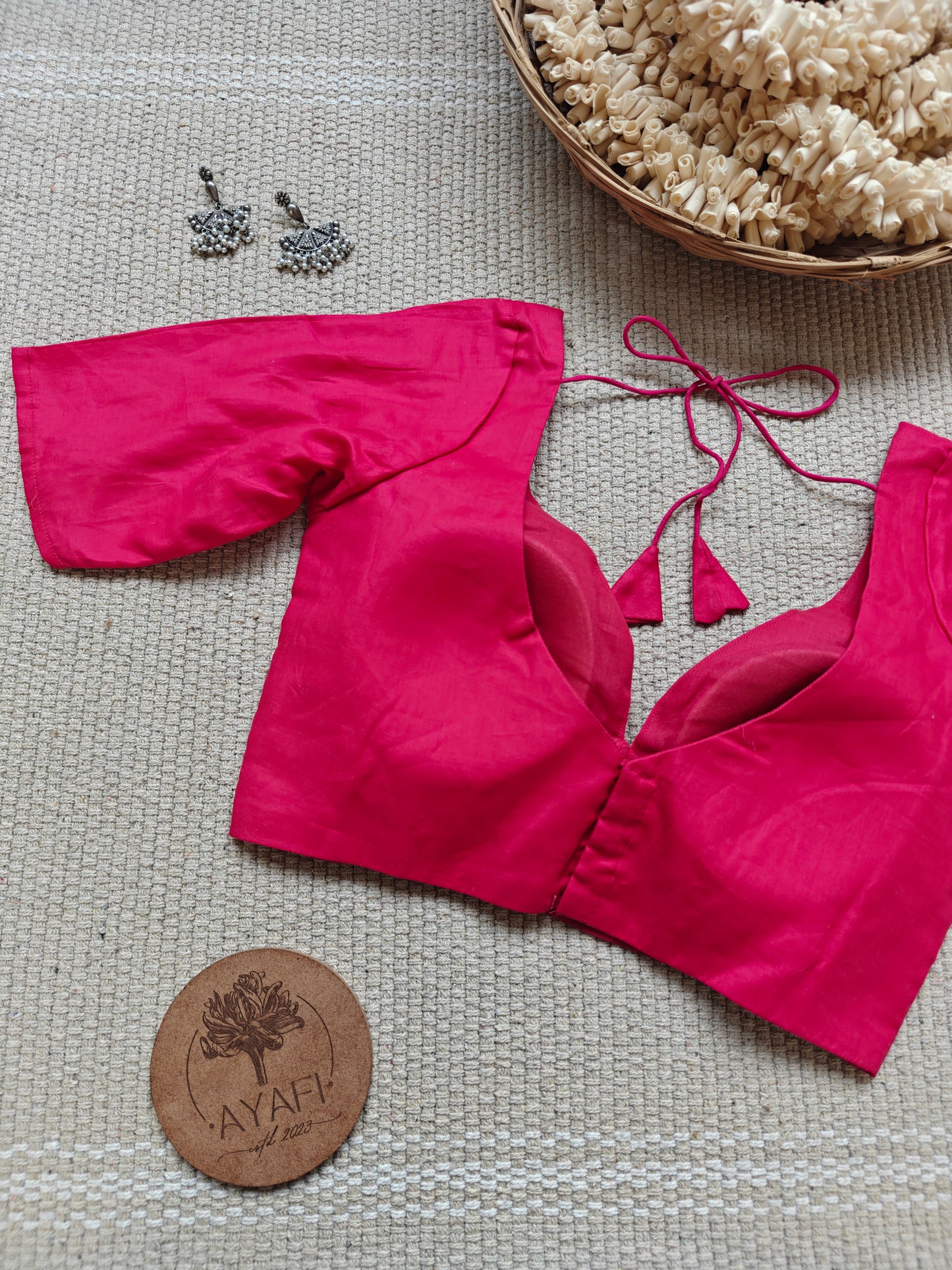 Pink Cotton Leaf Neck Belted Elbow Sleeves Blouse