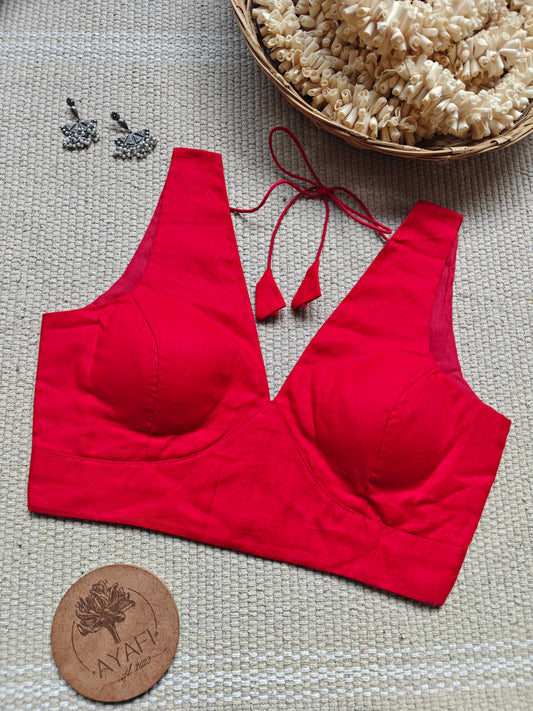 Red Cotton V-Neck Belted Sleeveless Blouse