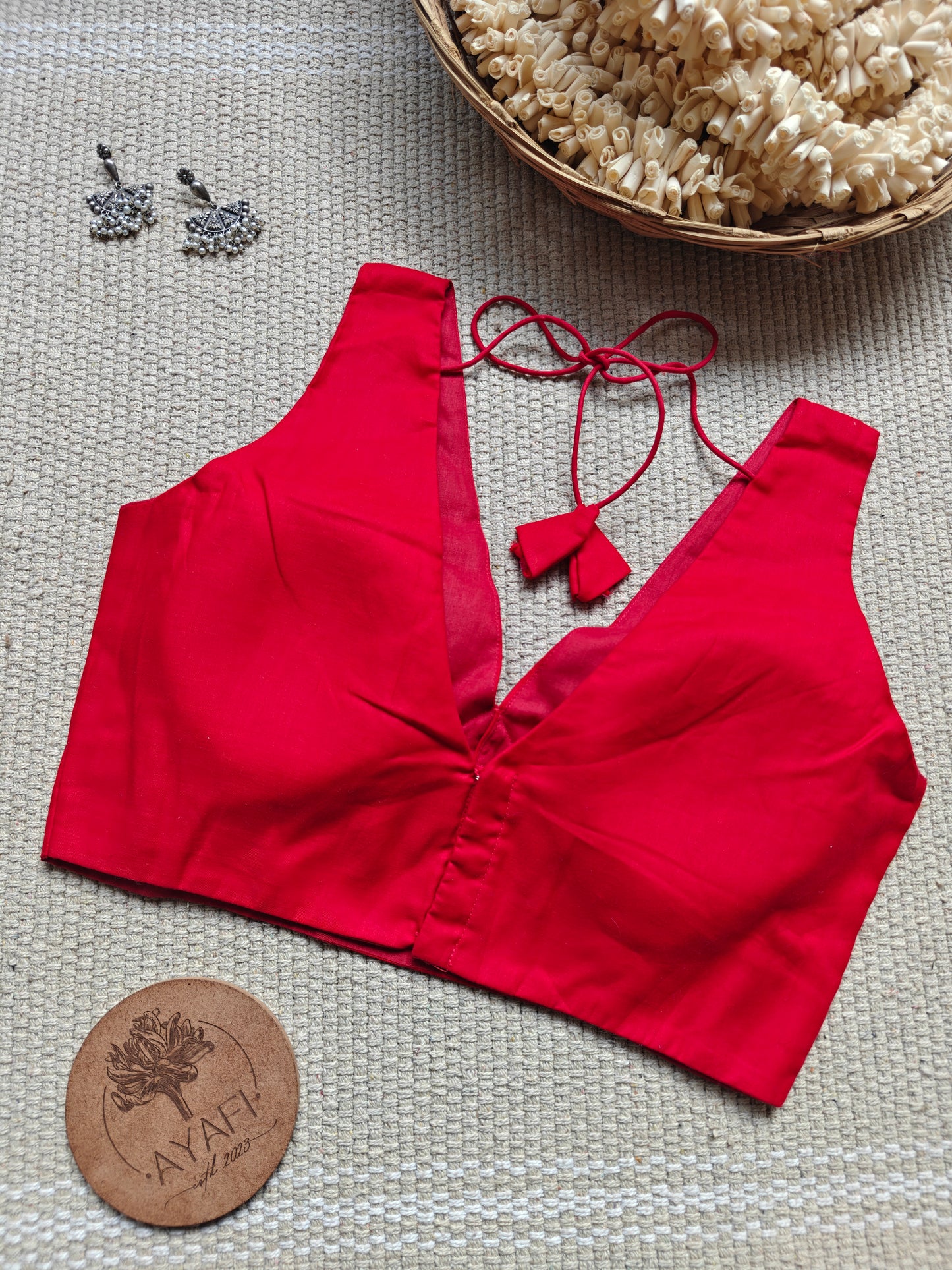 Red Cotton V-Neck Belted Sleeveless Blouse