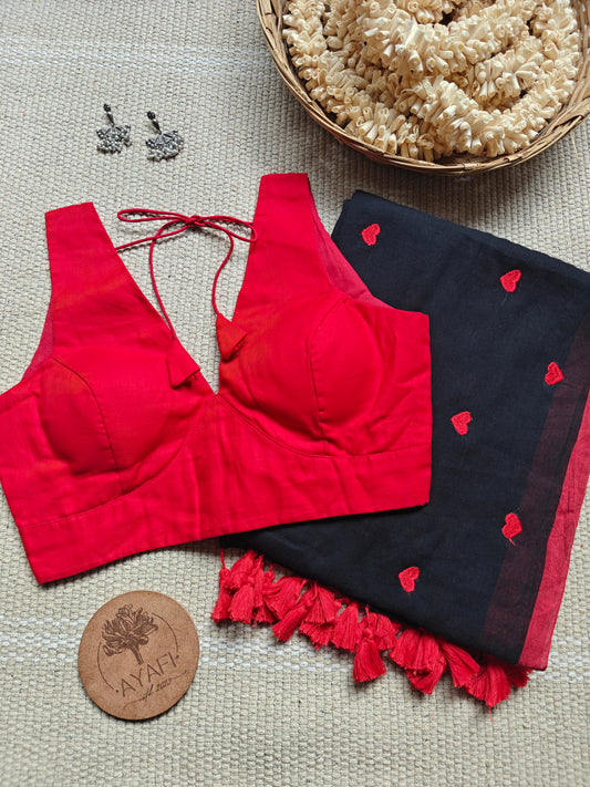 Red Cotton V-Neck Belted Sleeveless Blouse
